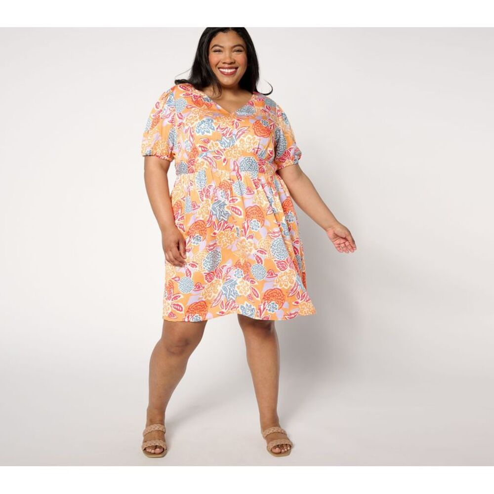 Bernini Women's Petite Dress PS Printed Puff-Sleeve Woven Orange A643888
